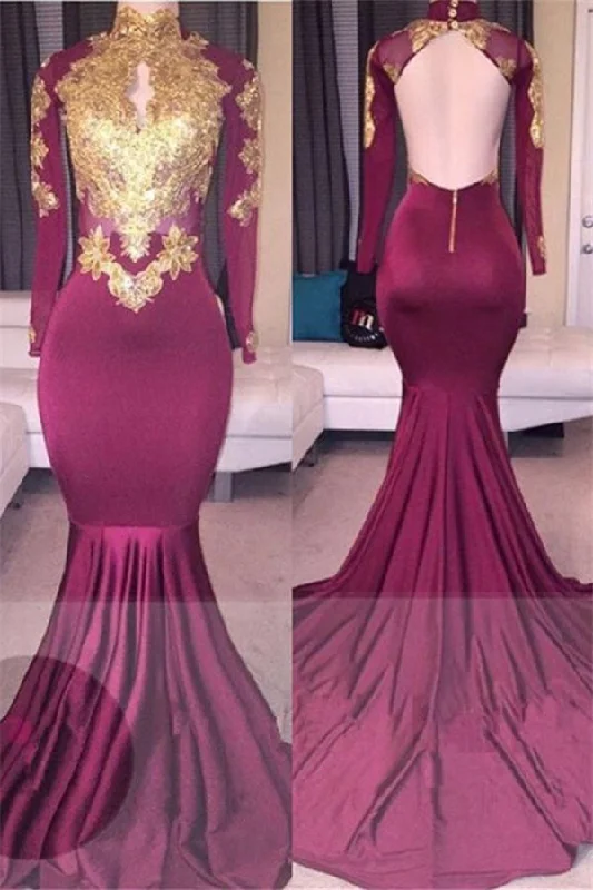 Can't Miss Elegant High-Neck Long-Sleeves Gold-Appliques Backless Prom Dresses