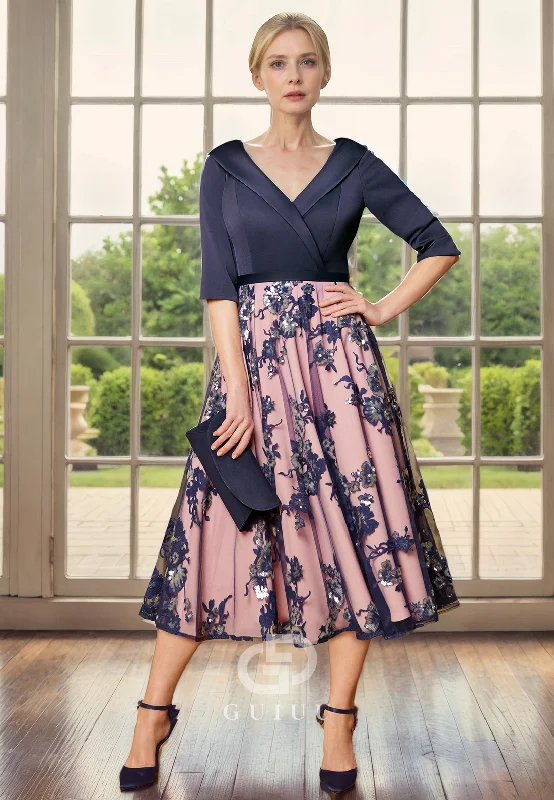 The Best Prices A-Line V Neck Half Sleeves Lace Appliques Tea Length Mother of Bride Dress