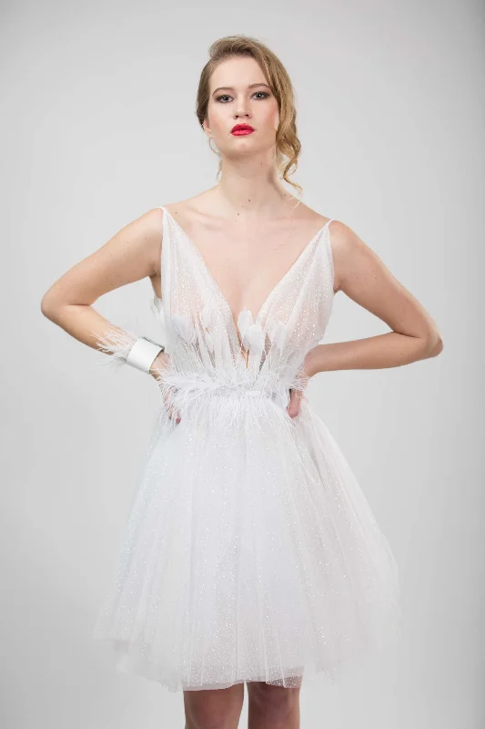 Value Deals WHITE GLITTER TULLE FEATHER DRESS