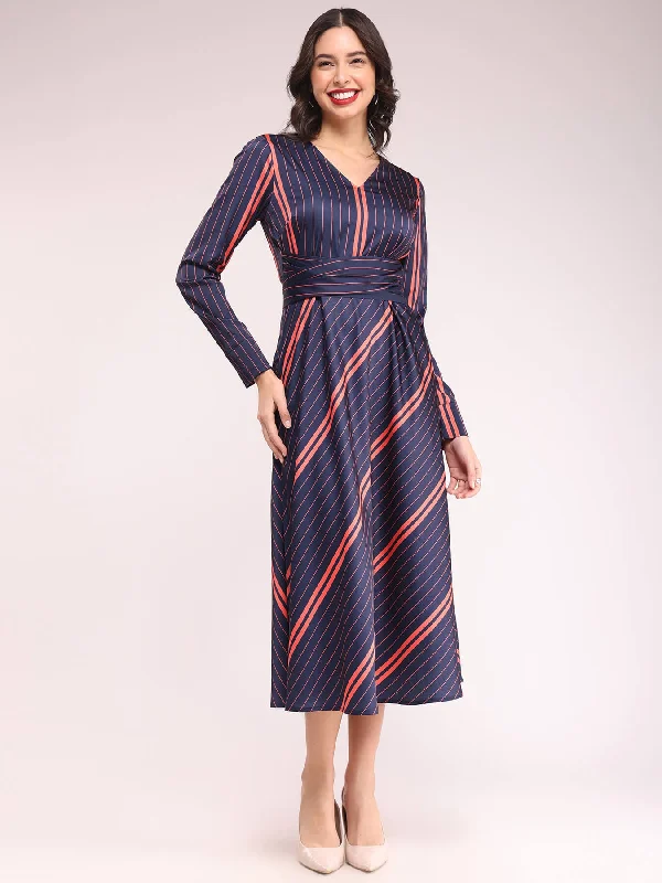 The Best Prices Striped Fit And Flare Dresses - Navy And Red