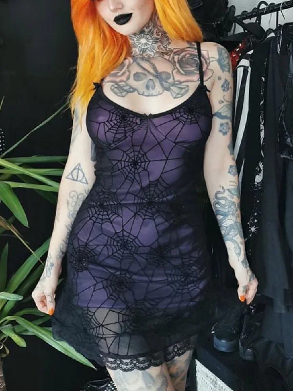 Super Sale Gothic Lace Stretch Spaghetti Strap Spider Web Contrast Lace Cami Grunge Dress