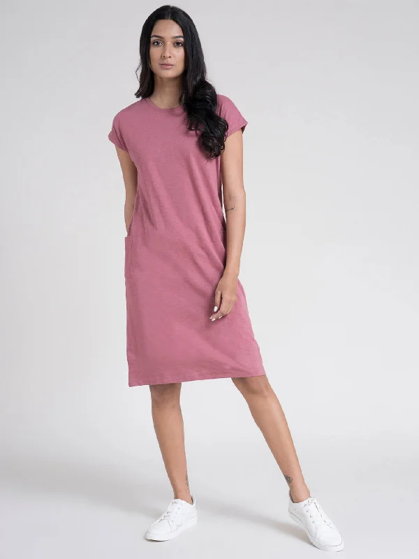 Crazy Deals Cotton Drop Shoulder Knitted Dress - Pink