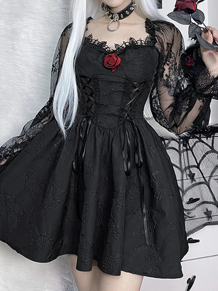 Unmissable Offer Grunge Party High Waist Gothic Dark Sexy A-Line Jacquard Sleeve Lolita Vintage Harajuku Dress