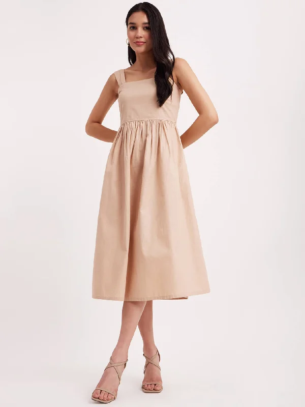 Final Clearance Linen Fit And Flare Dress - Beige
