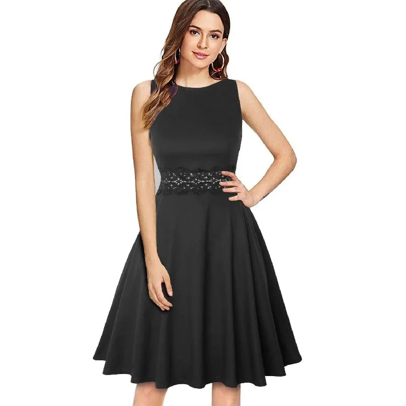 New Deals Vintage Black Elegant Floral Swing Dress