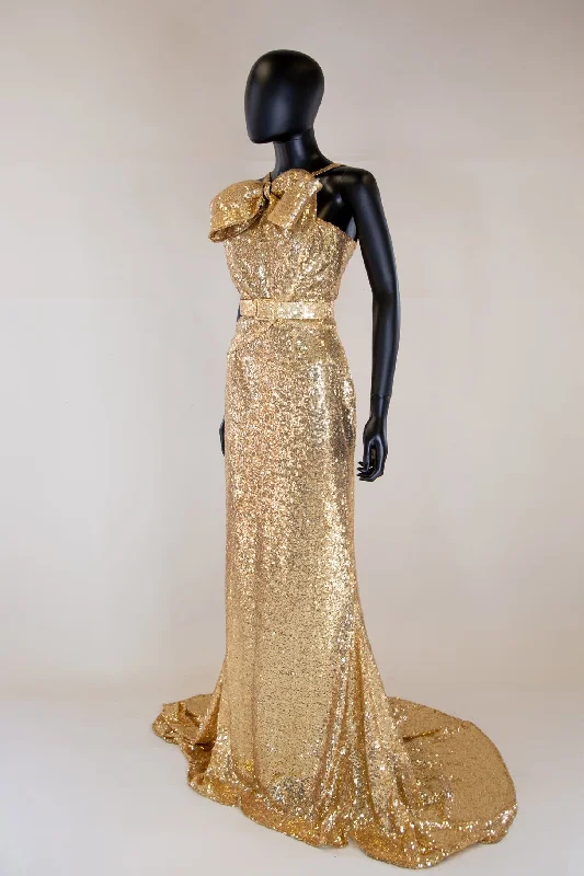 Discount Days Hepburn K - Gold Sequin Old Hollywood Bow Gown