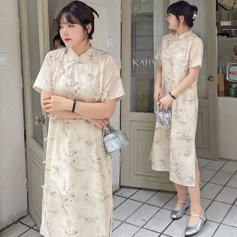 Final Markdown Plus Size Cream Muted Floral Cheongsam Midi Dress