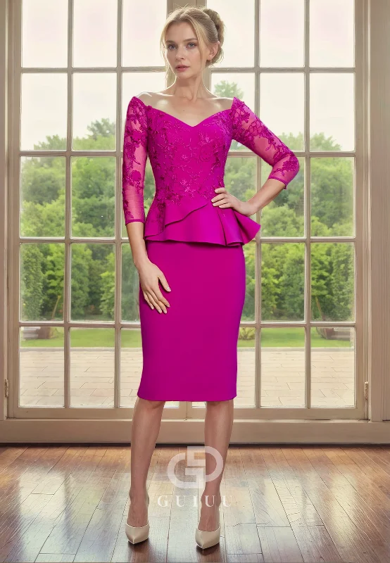 Lowest Price Sheath Off Shoulder 34 Length Sleeves Lace Appliques Ruffles Knee Length Mother of Bride Dress