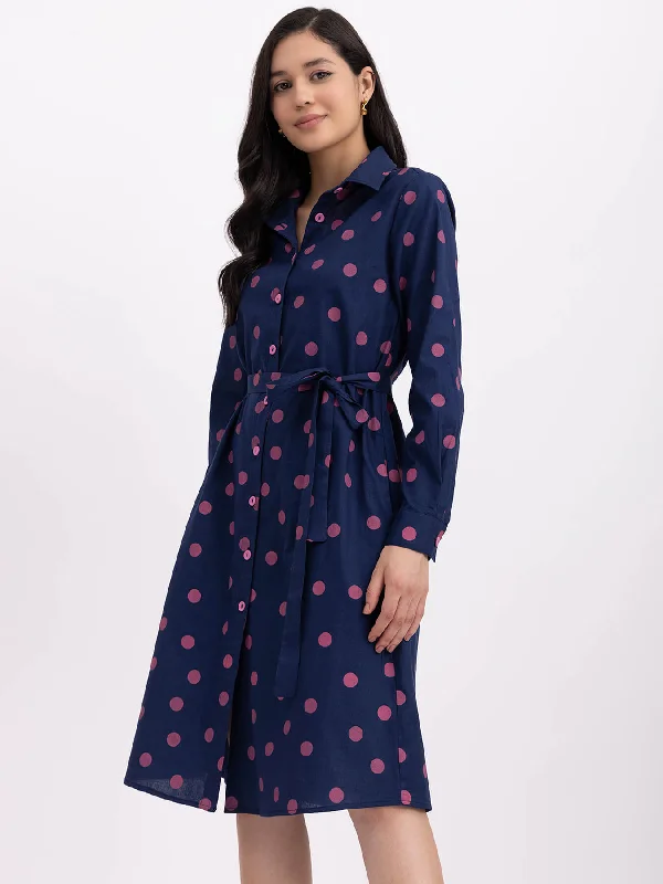 Deal Mania Cotton Polka Shirt Dress - Navy Blue And Pink
