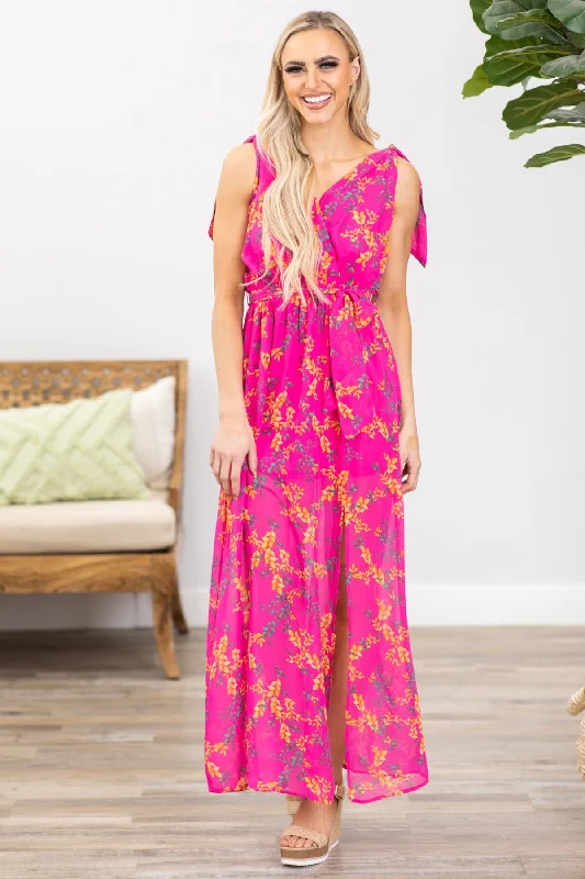 Super Deal Hot Pink Floral Print Surplice Front Maxi Dress