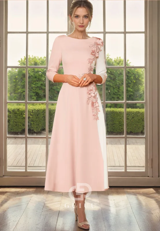 Blowout Deals A-Line Scoop Neck 34 Length Sleeves Appliques Tea Length Mother of Bride Dress