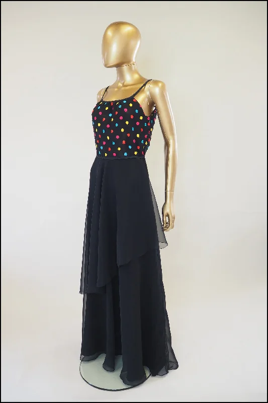 Quick Sale Vintage 1970s Black Dot Chiffon Maxi Dress