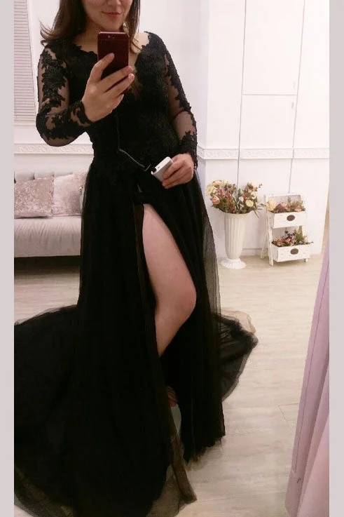 Overstock Sale Sexy Black Tulle Lace Appliques Long Sleeves Sweep Train Prom Dresses N449