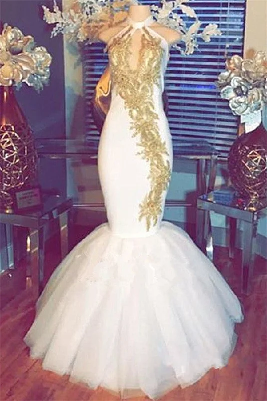 YEAR-End Sale Halter Gold Beads Mermaid Prom Dresses Sleeveless White Evening Gown With Appliques YEAR-End Sale Halter Gold Beads Mermaid Prom Dresses Sleeveless White Evening Gown With Appliques