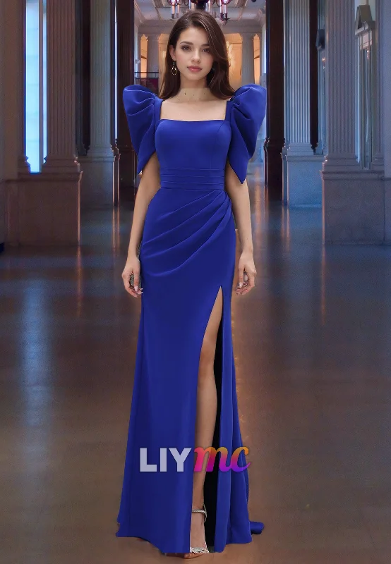 Bargain Bin Square Puff Sleeves Ruched High Slit Sheath Formal Dress