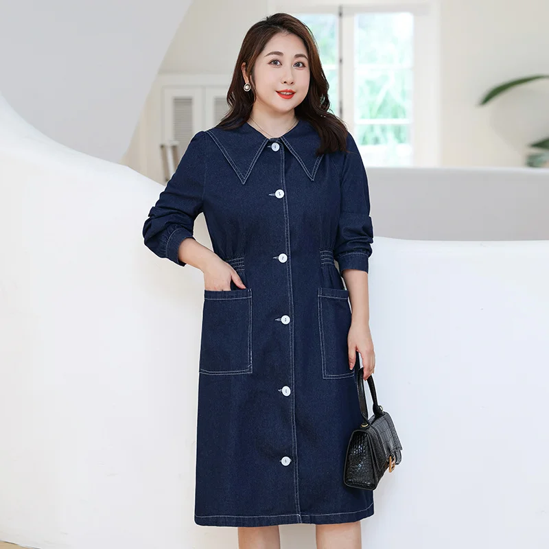 Blowout Deals Plus Size Preppy Denim Long Sleeve Shirt Dress (Extra Big Size)