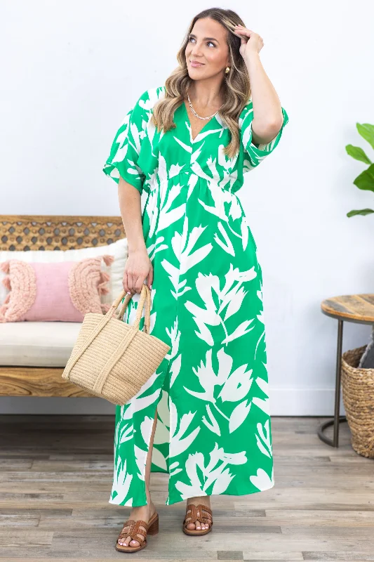 New Deals Kelly Green Print V-Neck Maxi Dress
