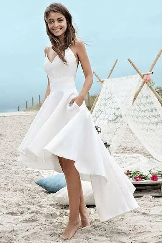 Value Deals Spaghetti Straps V-Neck High Low Prom Dresses Beach Wedding Dresses