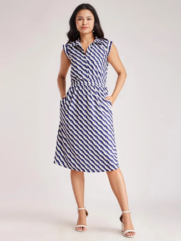 Price Cut Elasticated Waist Collared Dress - Blue And Off White