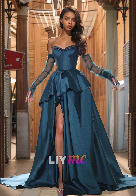 Bonus Savings Sweetheart Strapless Ruffled High Slit A-Line Prom Dress