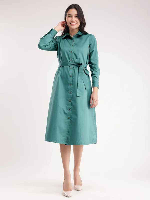 Price Cut Cotton Satin Shirt Dress - Teal