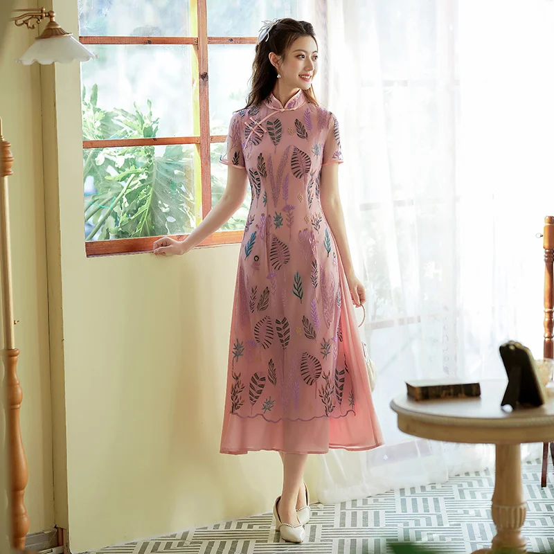 Limited Stock (M-5Xl) Plus Size Dusty Pink Leafs Embroidery Modern Qipao Dress