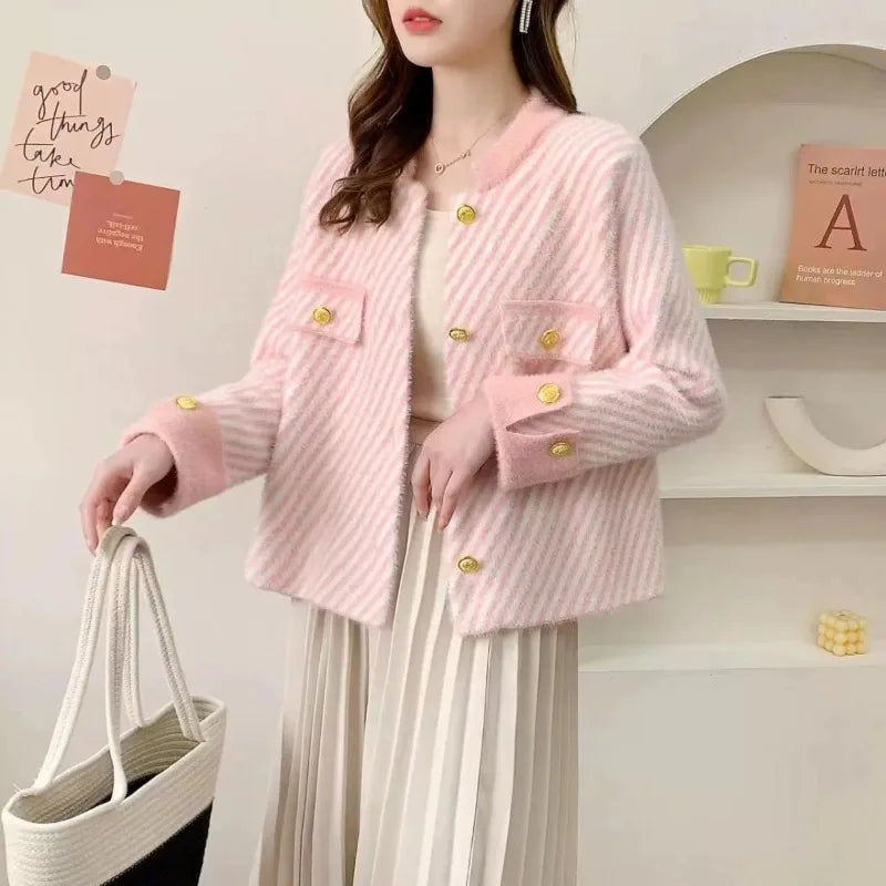Super Bargain Znbbw Mink Fleece Small Fragrant Cardigan Women Autumn/Winter Stripe Top Loose and Versatile Foreign Short Coat Female