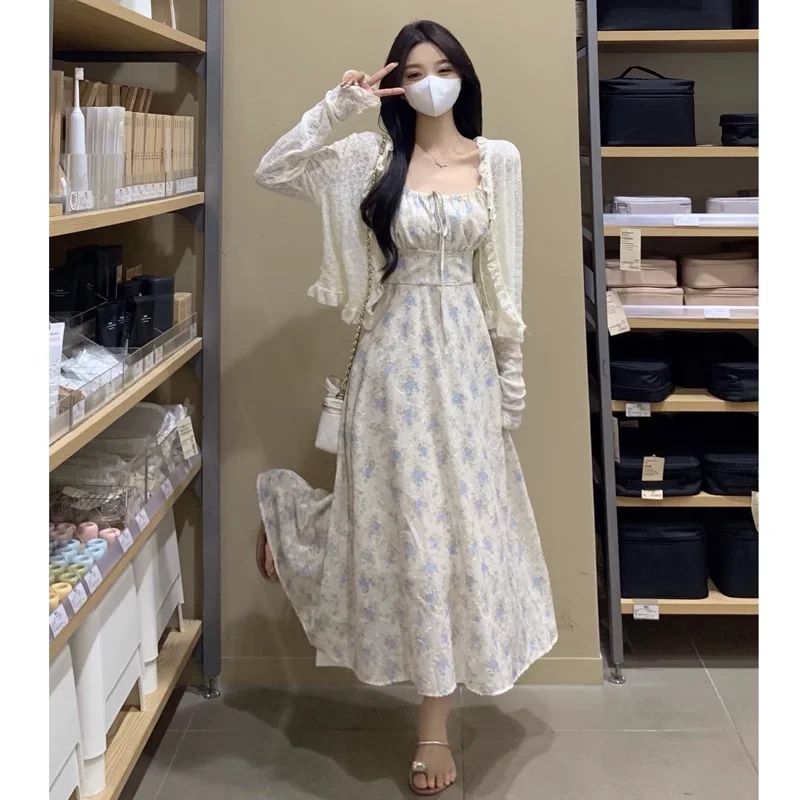 Anniversary Sale Plus Size Korean Blue Floral Romantic Dress and White Frill Crop Cardigan Set