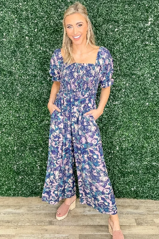 Seasonal Clearance Navy With Print Smocked Body Jumpsuit