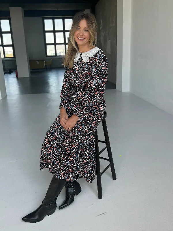 Discount Deals Collar Black Floral Midi Dress