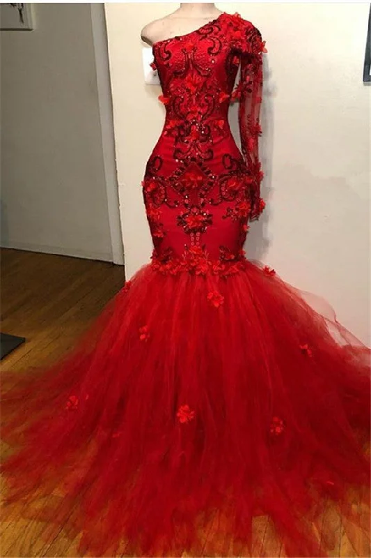 Buy Now Elegant Red One-Shoulder Long-Sleeves Appliques Mermaid Prom Party Gowns