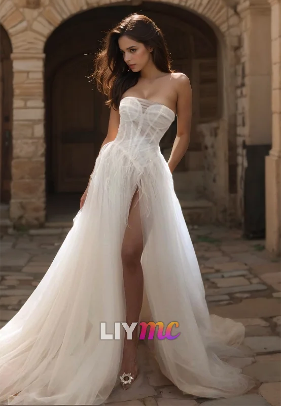 Big Discounts LW132 - A Line Strapless Sheer Pleated Tulle Feather Long Wedding Dress With Side Slit Big Discounts LW132 - A Line Strapless Sheer Pleated Tulle Feather Long Wedding Dress With Side Slit