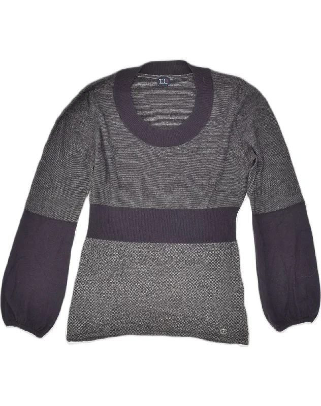Price Slash TRUSSARDI Womens Crew Neck Jumper Sweater UK 18 XL Grey Colourblock Cotton