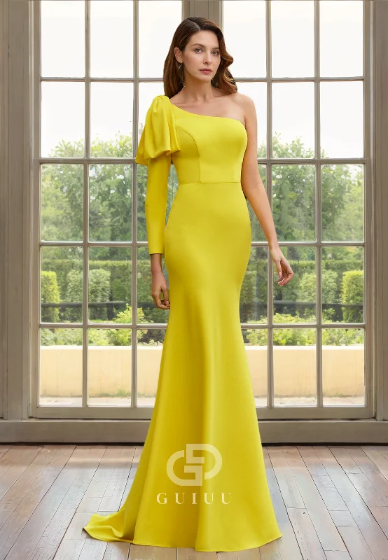 Don't Miss Elegant Sheath One Shoulder Long Sleeve Ruched Long Mother of Bride Dress