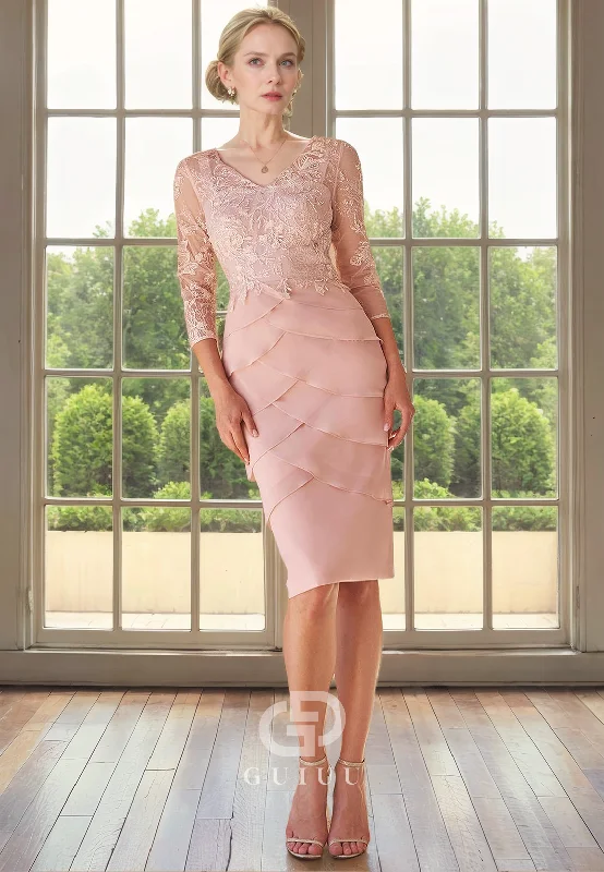 Price Rollback Sheath Round Neck 34 Length Sleeves Appliques Chiffon Tiered Knee Length Mother of Bride Dress Price Rollback Sheath Round Neck 34 Length Sleeves Appliques Chiffon Tiered Knee Length Mother of Bride Dress
