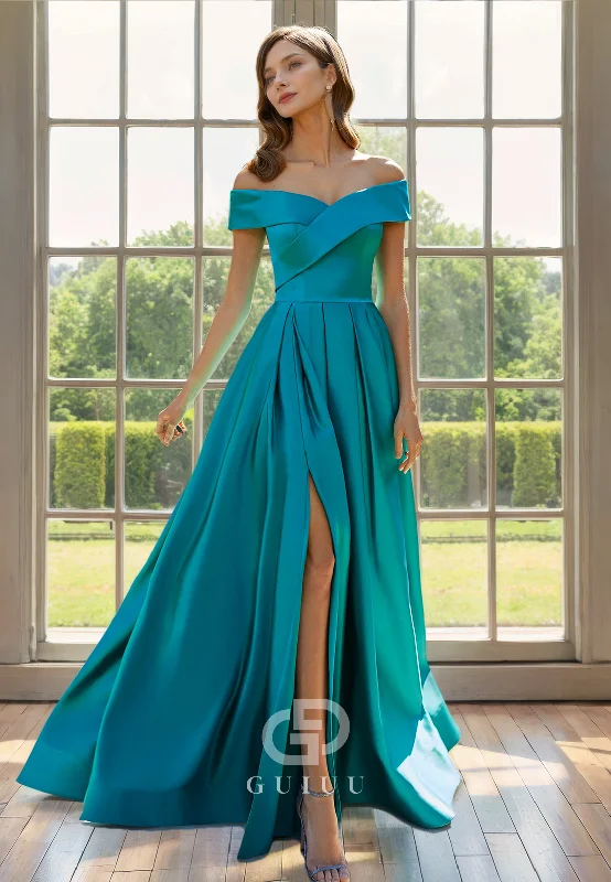 Epic Deals A-Line Off Shoulder Sleeveless Pleated Mother of Bride Dress with Slit