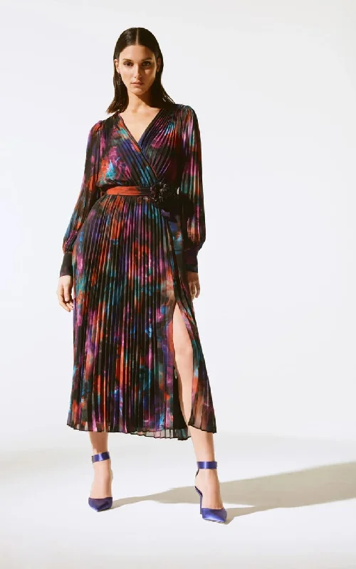 Price Drop Joseph Ribkoff - Floral Print Chiffon Pleated Midi Dress