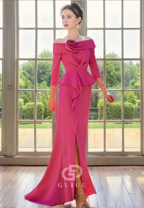 Buy Now Sheath Off Shoulder 34 Length Sleeves Pleated Ruffles Back Zipper Mother of Bride Dress with Slit Buy Now Sheath Off Shoulder 34 Length Sleeves Pleated Ruffles Back Zipper Mother of Bride Dress with Slit