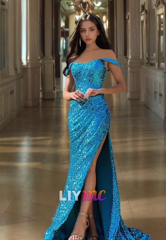 Hurry In Off-Shoulder Strapless Sequins Ruched Side Slit Sheath Prom Dress