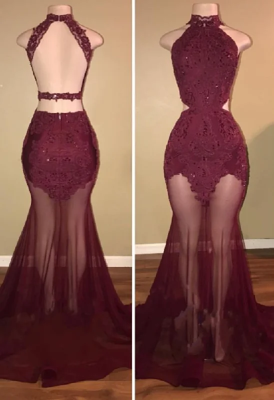 Special Savings Burgundy Sheer-Tulle Lace-Appliques High-Neck Mermaid Prom Dresses