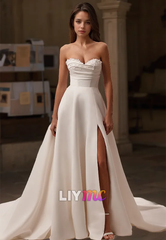 Savings Alert Sweetheart Strapless Pleated Sleek Satin Side Slit A-Line Wedding Dress Savings Alert Sweetheart Strapless Pleated Sleek Satin Side Slit A-Line Wedding Dress