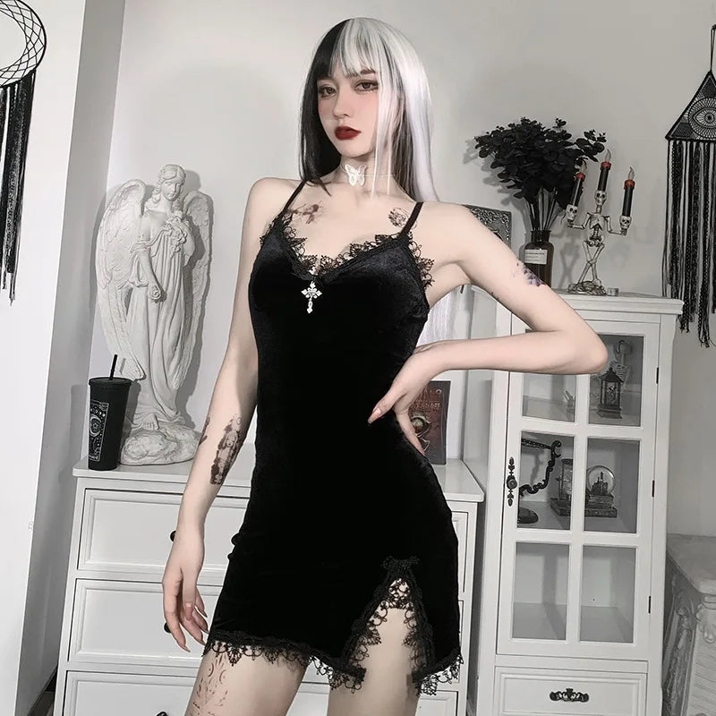 The Best Prices Dark Black Vintage Sexy Spaghetti Strap High Waist Slit Party Club Dress The Best Prices Dark Black Vintage Sexy Spaghetti Strap High Waist Slit Party Club Dress