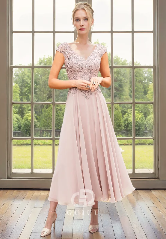 Weekend Flash Sale A-Line V Neck Short Cap Sleeves Lace Appliques Tea Length Chiffon Mother of Bride Dress