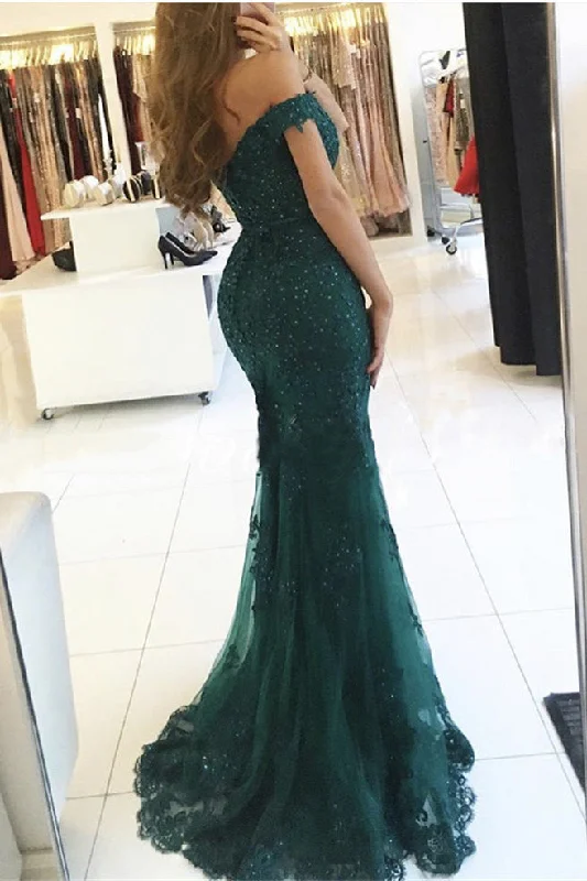 Limited Availability Dark Green Off-the-shoulder Mermaid Tulle Prom Dresses with Beads N432 Limited Availability Dark Green Off-the-shoulder Mermaid Tulle Prom Dresses with Beads N432