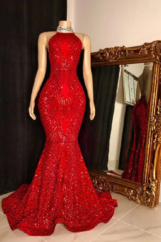 Weekend Flash Sale Halter Lace-up Sequins Floor Length Red Mermaid Prom Dresses