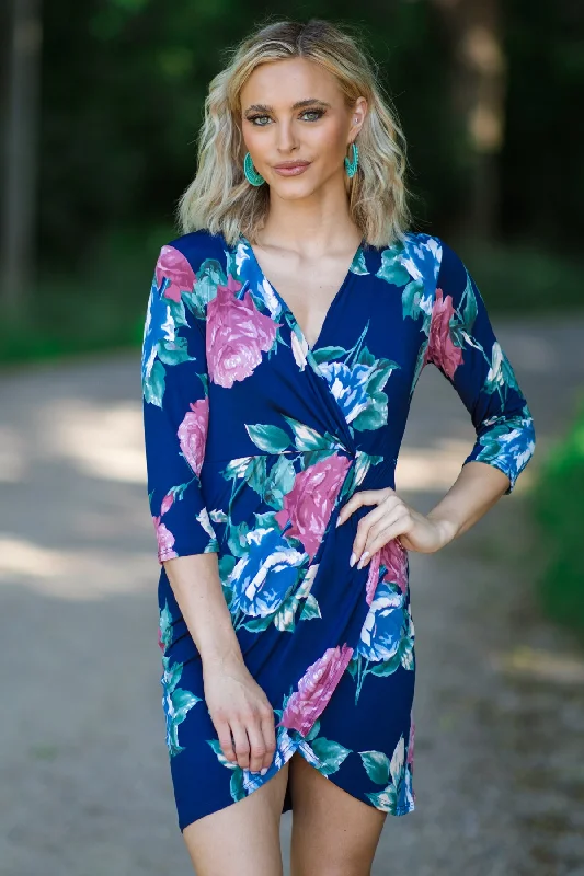 Price Slash Navy and Dusty Rose Floral Print Dress