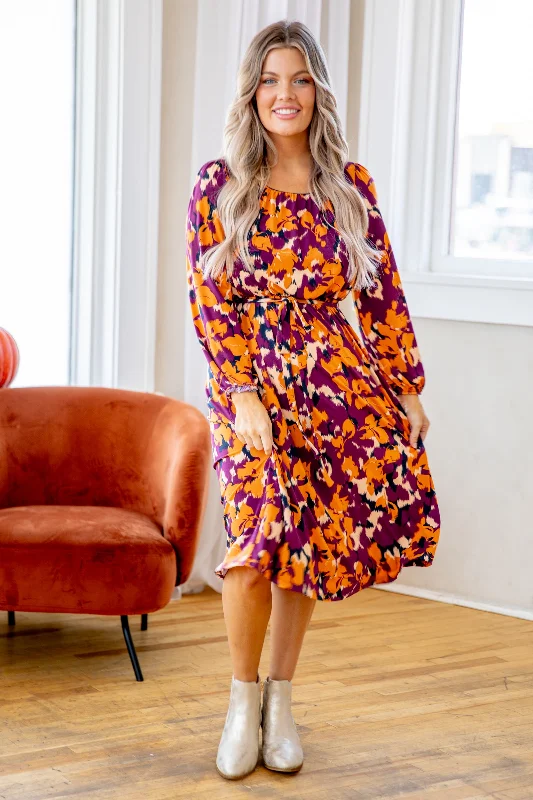 Massive Deals Berry and Orange Floral Print Midi Dress