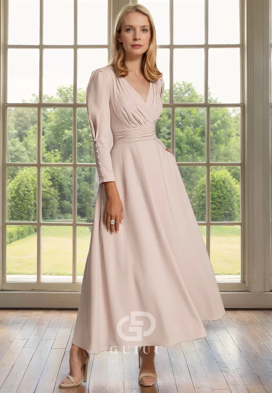 Great Deals A-Line V Neck Long Sleeves Pleated Tea Length Chiffon Mother of Bride Dress Great Deals A-Line V Neck Long Sleeves Pleated Tea Length Chiffon Mother of Bride Dress