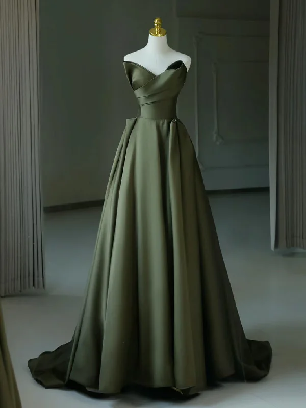 Super Savings A-Line V Neck Satin Green Long Prom Dress, Green Long Formal Dress