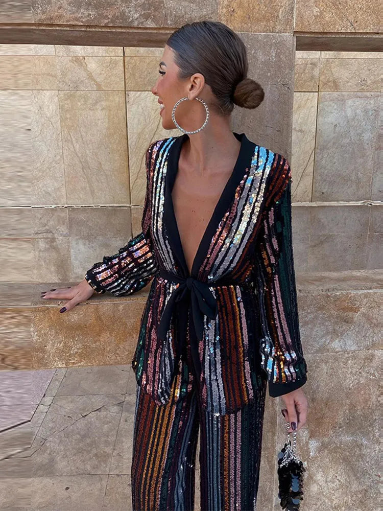 Flash Deals Znbbw Striped Sequins Women Pants Set Elegant Deep V Neck Lace Up Long Sleeve Coat Autumn High Waist Elastic Wide Leg Trouser Flash Deals Znbbw Striped Sequins Women Pants Set Elegant Deep V Neck Lace Up Long Sleeve Coat Autumn High Waist Elastic Wide Leg Trouser